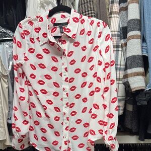 White House Black Market Red Lip Print Blouse